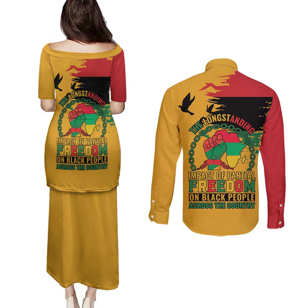Juneteenth African American Couples Matching Puletasi and Long Sleeve Button Shirt Free-ish Since 1865