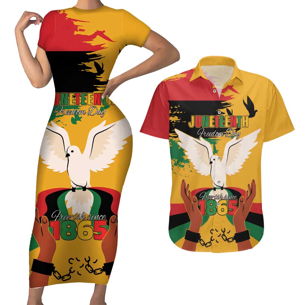 Juneteenth African American Couples Matching Short Sleeve Bodycon Dress and Hawaiian Shirt Free-ish Since 1865