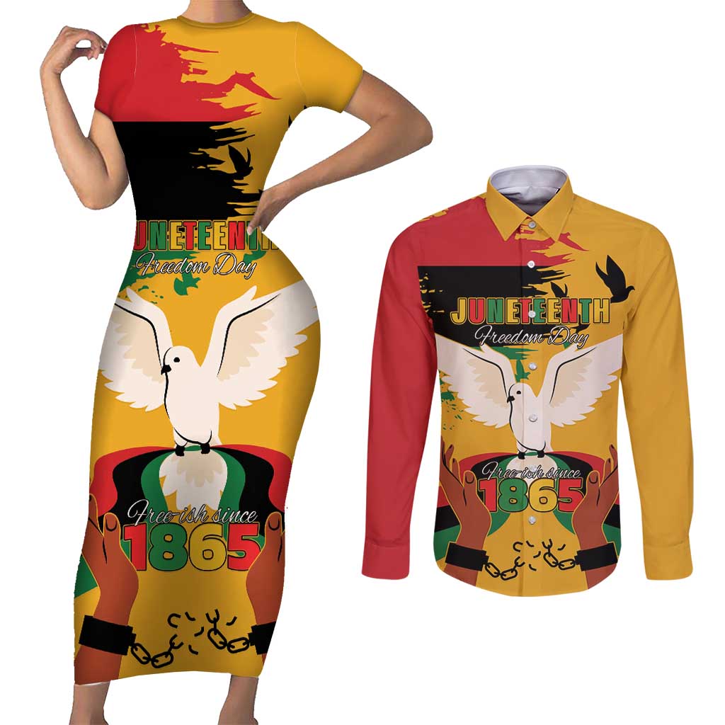Juneteenth African American Couples Matching Short Sleeve Bodycon Dress and Long Sleeve Button Shirt Free-ish Since 1865
