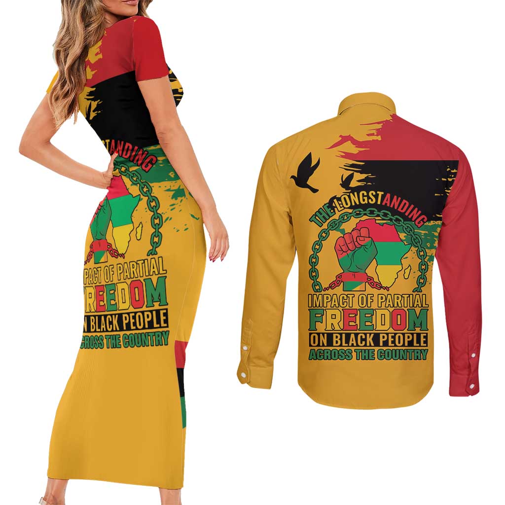 Juneteenth African American Couples Matching Short Sleeve Bodycon Dress and Long Sleeve Button Shirt Free-ish Since 1865