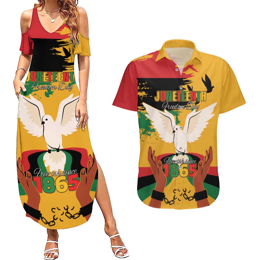 Juneteenth African American Couples Matching Summer Maxi Dress and Hawaiian Shirt Free-ish Since 1865