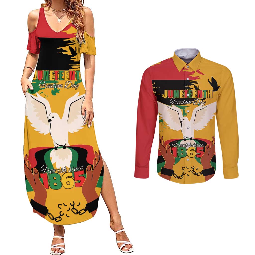 Juneteenth African American Couples Matching Summer Maxi Dress and Long Sleeve Button Shirt Free-ish Since 1865