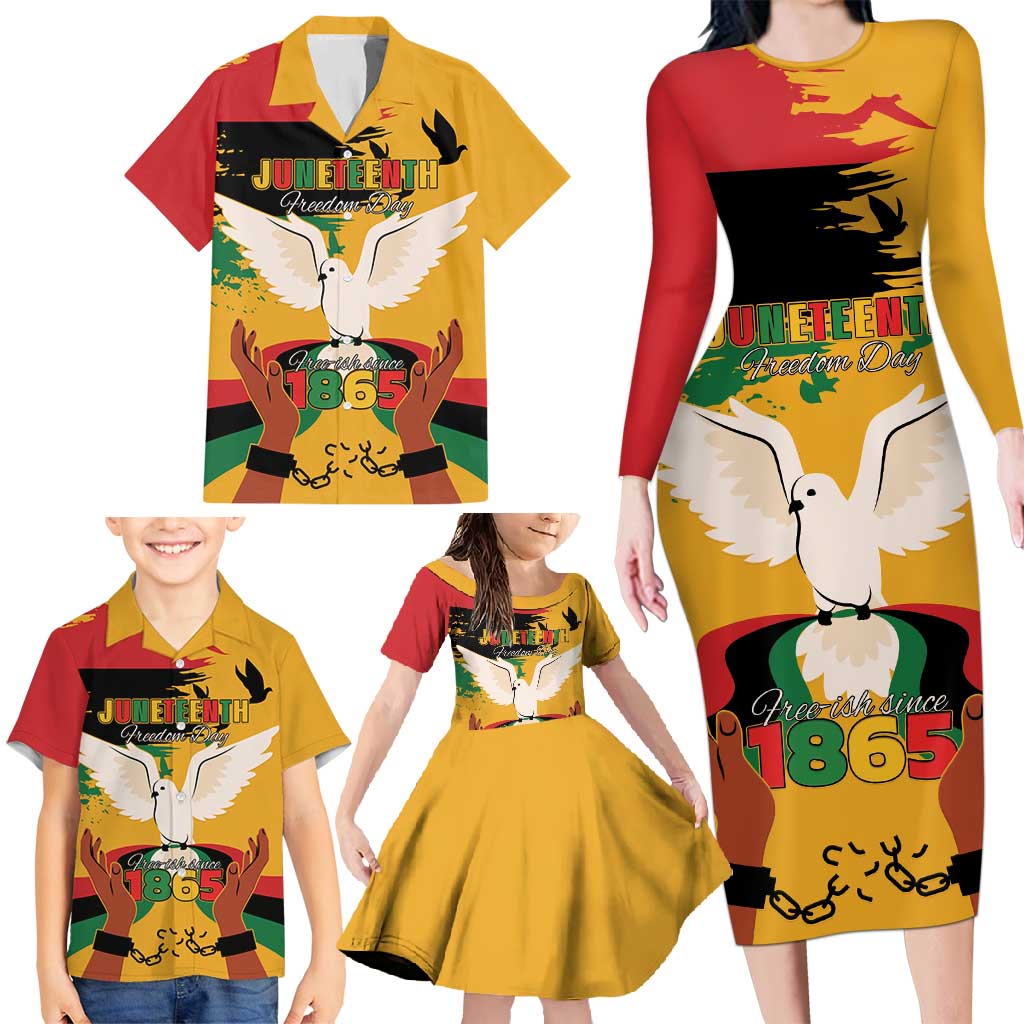 Juneteenth African American Family Matching Long Sleeve Bodycon Dress and Hawaiian Shirt Free-ish Since 1865