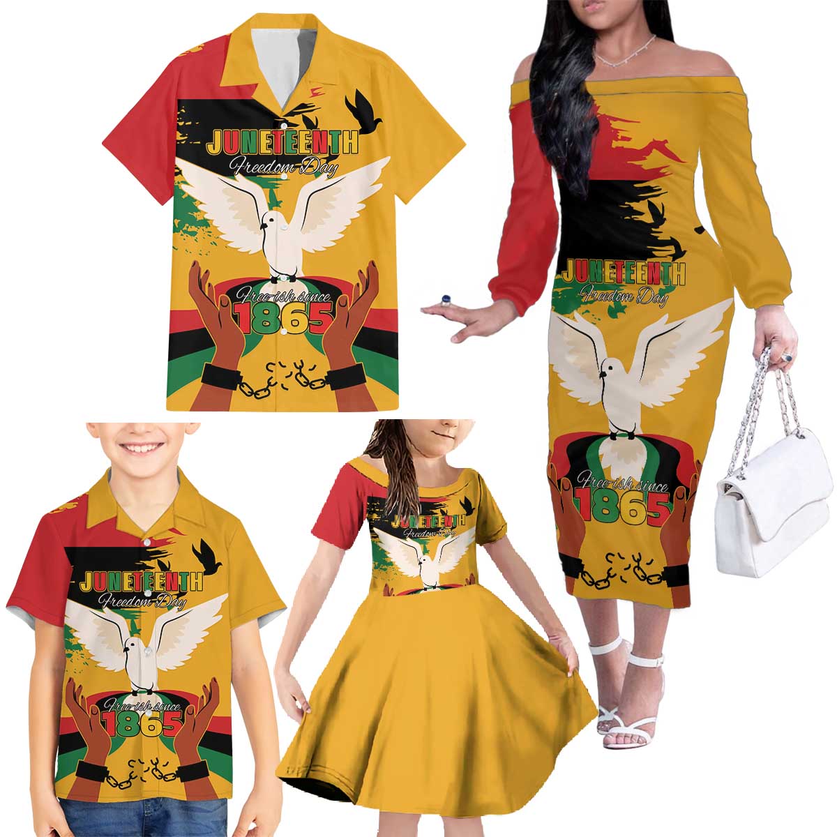 Juneteenth African American Family Matching Off The Shoulder Long Sleeve Dress and Hawaiian Shirt Free-ish Since 1865