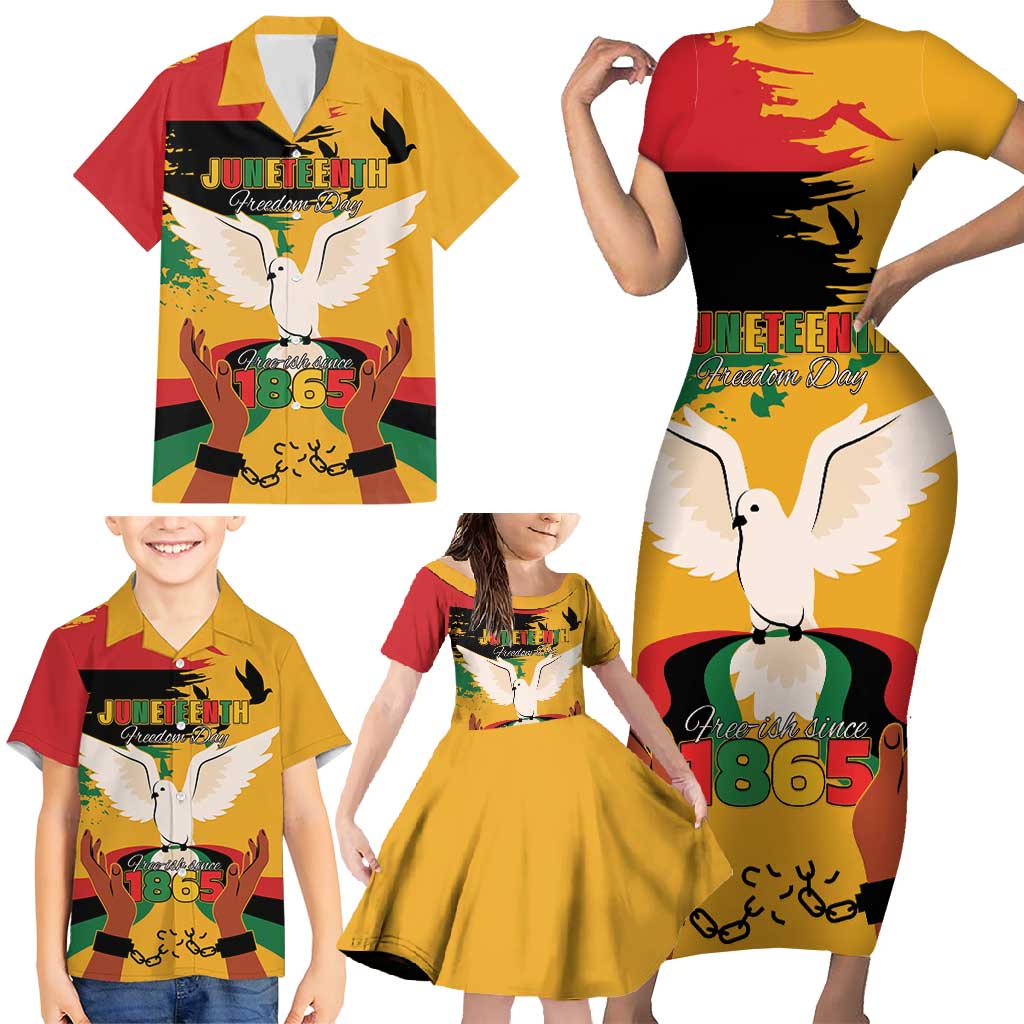 Juneteenth African American Family Matching Short Sleeve Bodycon Dress and Hawaiian Shirt Free-ish Since 1865
