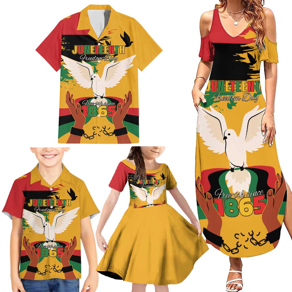 Juneteenth African American Family Matching Summer Maxi Dress and Hawaiian Shirt Free-ish Since 1865