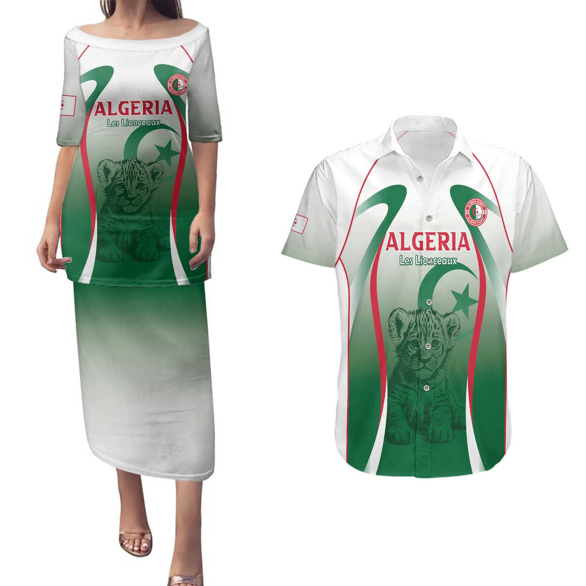 Algeria Rugby Custom Couples Matching Puletasi and Hawaiian Shirt Go Lion Cubs