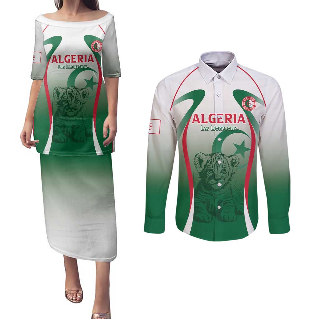 Algeria Rugby Custom Couples Matching Puletasi and Long Sleeve Button Shirt Go Lion Cubs