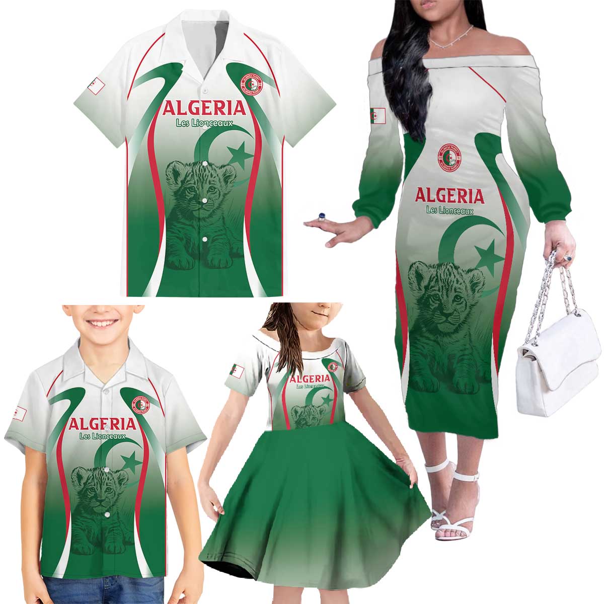 Algeria Rugby Custom Family Matching Off The Shoulder Long Sleeve Dress and Hawaiian Shirt Go Lion Cubs