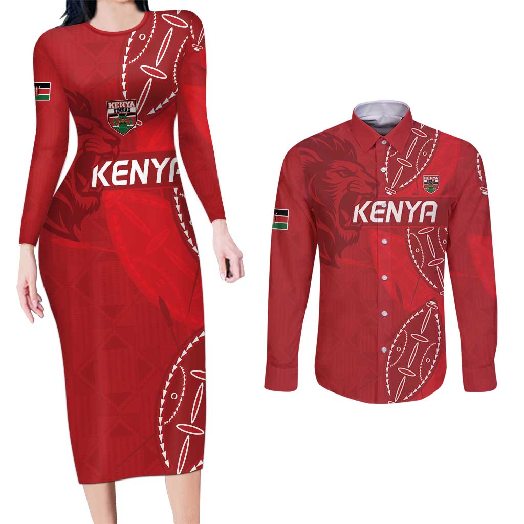 Kenya Rugby Custom Couples Matching Long Sleeve Bodycon Dress and Long Sleeve Button Shirt Go Champions Simbas - Red Color
