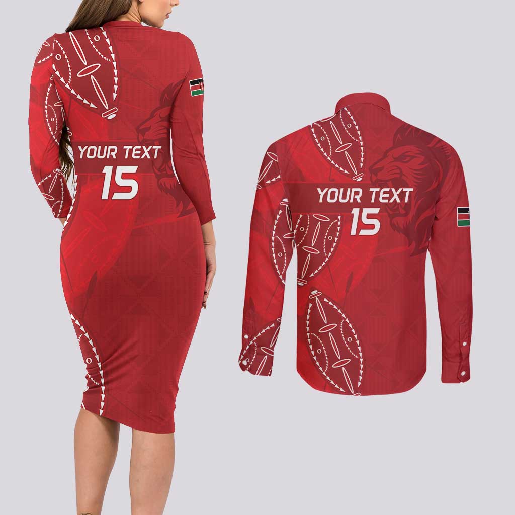 Kenya Rugby Custom Couples Matching Long Sleeve Bodycon Dress and Long Sleeve Button Shirt Go Champions Simbas - Red Color