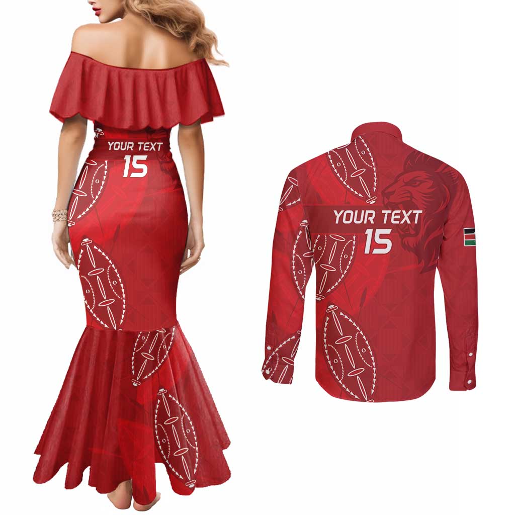 Kenya Rugby Custom Couples Matching Mermaid Dress and Long Sleeve Button Shirt Go Champions Simbas - Red Color