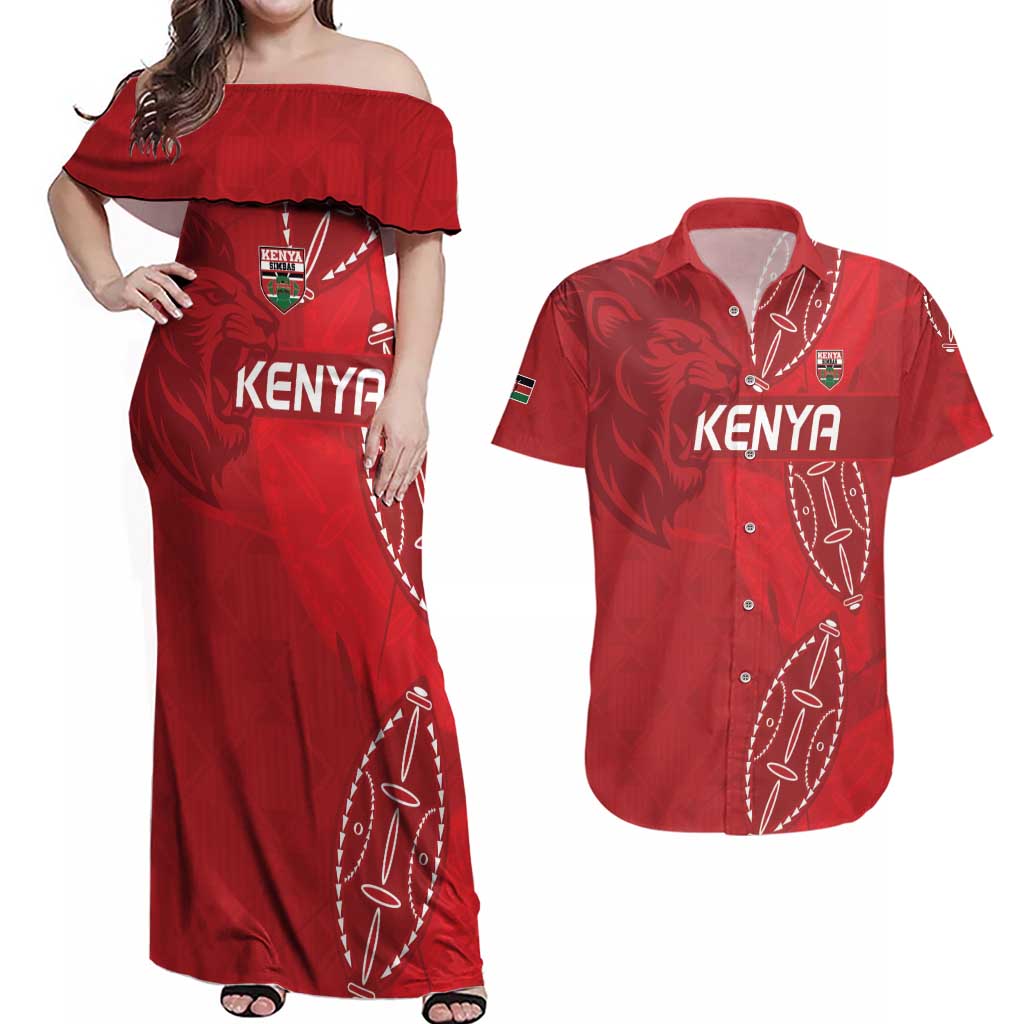 Kenya Rugby Custom Couples Matching Off Shoulder Maxi Dress and Hawaiian Shirt Go Champions Simbas - Red Color