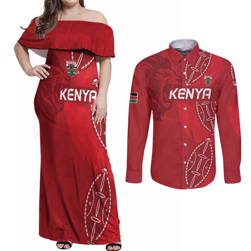 Kenya Rugby Custom Couples Matching Off Shoulder Maxi Dress and Long Sleeve Button Shirt Go Champions Simbas - Red Color