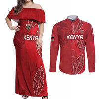 Kenya Rugby Custom Couples Matching Off Shoulder Maxi Dress and Long Sleeve Button Shirt Go Champions Simbas - Red Color