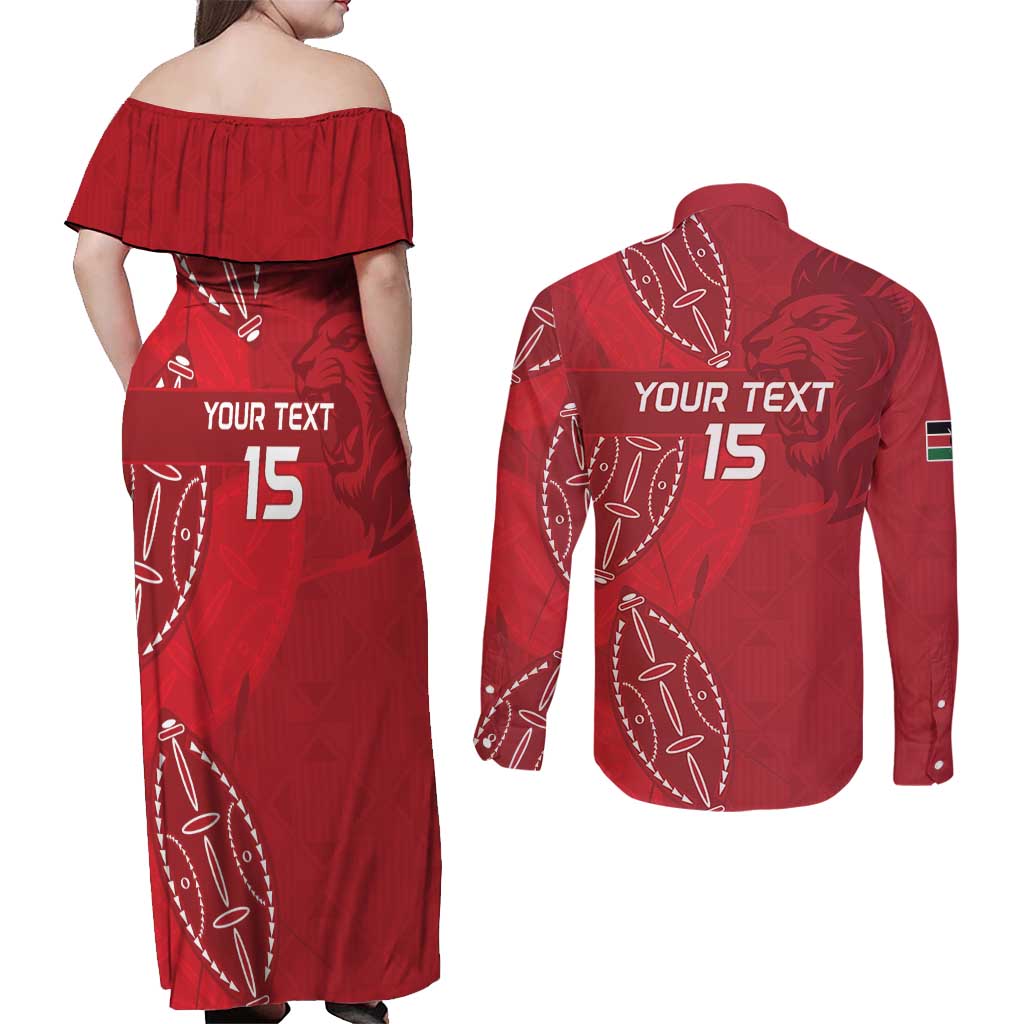 Kenya Rugby Custom Couples Matching Off Shoulder Maxi Dress and Long Sleeve Button Shirt Go Champions Simbas - Red Color