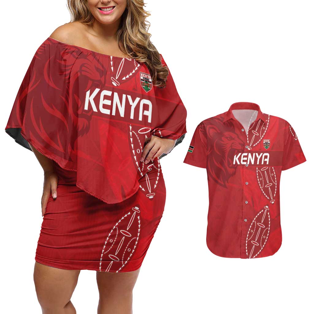 Kenya Rugby Custom Couples Matching Off Shoulder Short Dress and Hawaiian Shirt Go Champions Simbas - Red Color