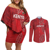 Kenya Rugby Custom Couples Matching Off Shoulder Short Dress and Long Sleeve Button Shirt Go Champions Simbas - Red Color