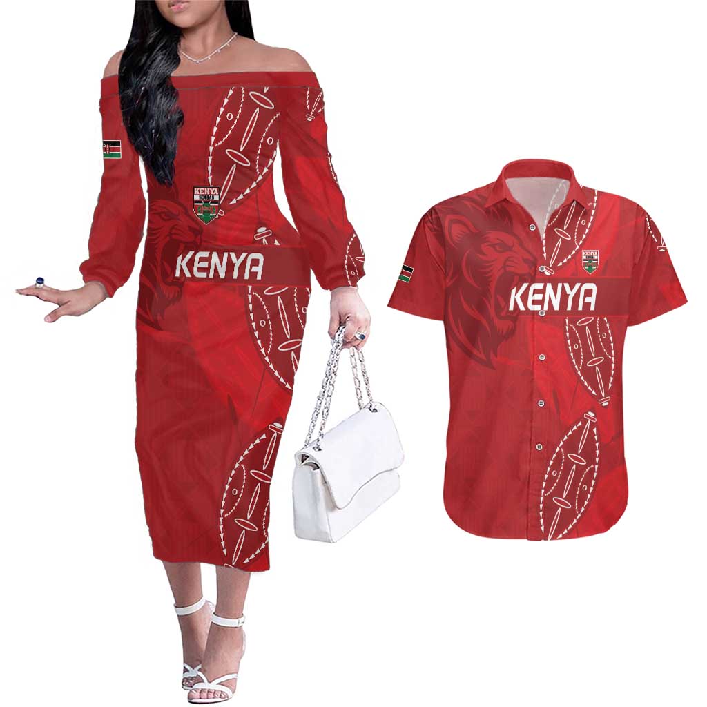 Kenya Rugby Custom Couples Matching Off The Shoulder Long Sleeve Dress and Hawaiian Shirt Go Champions Simbas - Red Color
