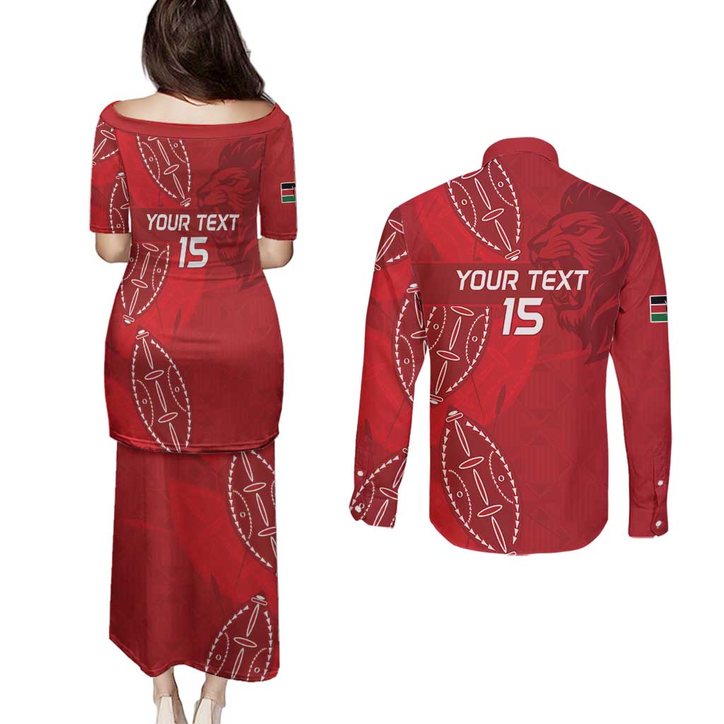 Kenya Rugby Custom Couples Matching Puletasi and Long Sleeve Button Shirt Go Champions Simbas - Red Color