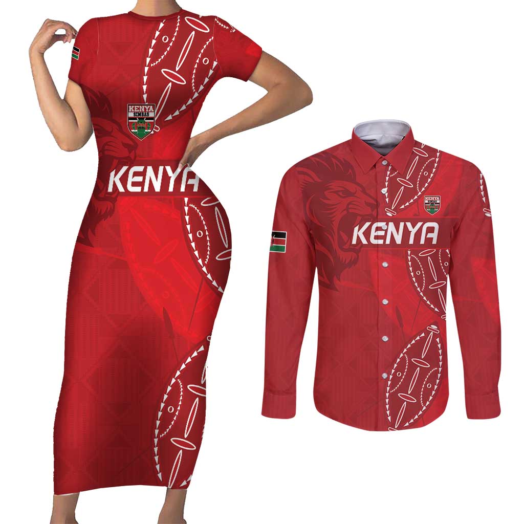 Kenya Rugby Custom Couples Matching Short Sleeve Bodycon Dress and Long Sleeve Button Shirt Go Champions Simbas - Red Color