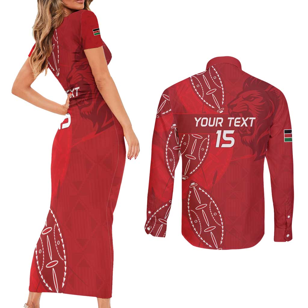Kenya Rugby Custom Couples Matching Short Sleeve Bodycon Dress and Long Sleeve Button Shirt Go Champions Simbas - Red Color