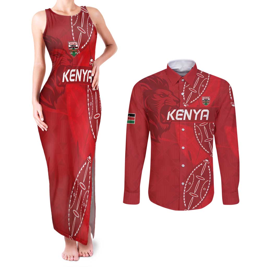 Kenya Rugby Custom Couples Matching Tank Maxi Dress and Long Sleeve Button Shirt Go Champions Simbas - Red Color