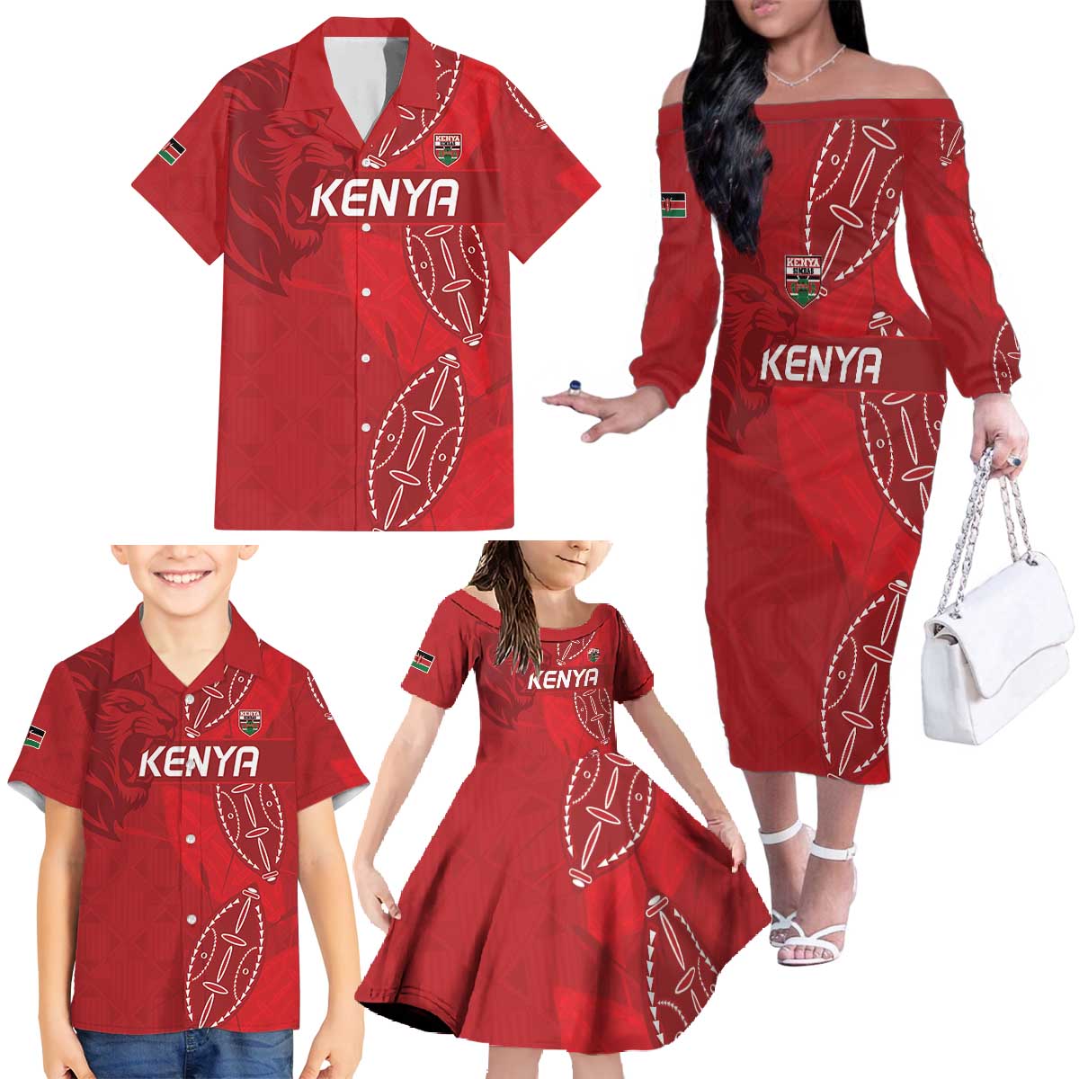 Kenya Rugby Custom Family Matching Off The Shoulder Long Sleeve Dress and Hawaiian Shirt Go Champions Simbas - Red Color