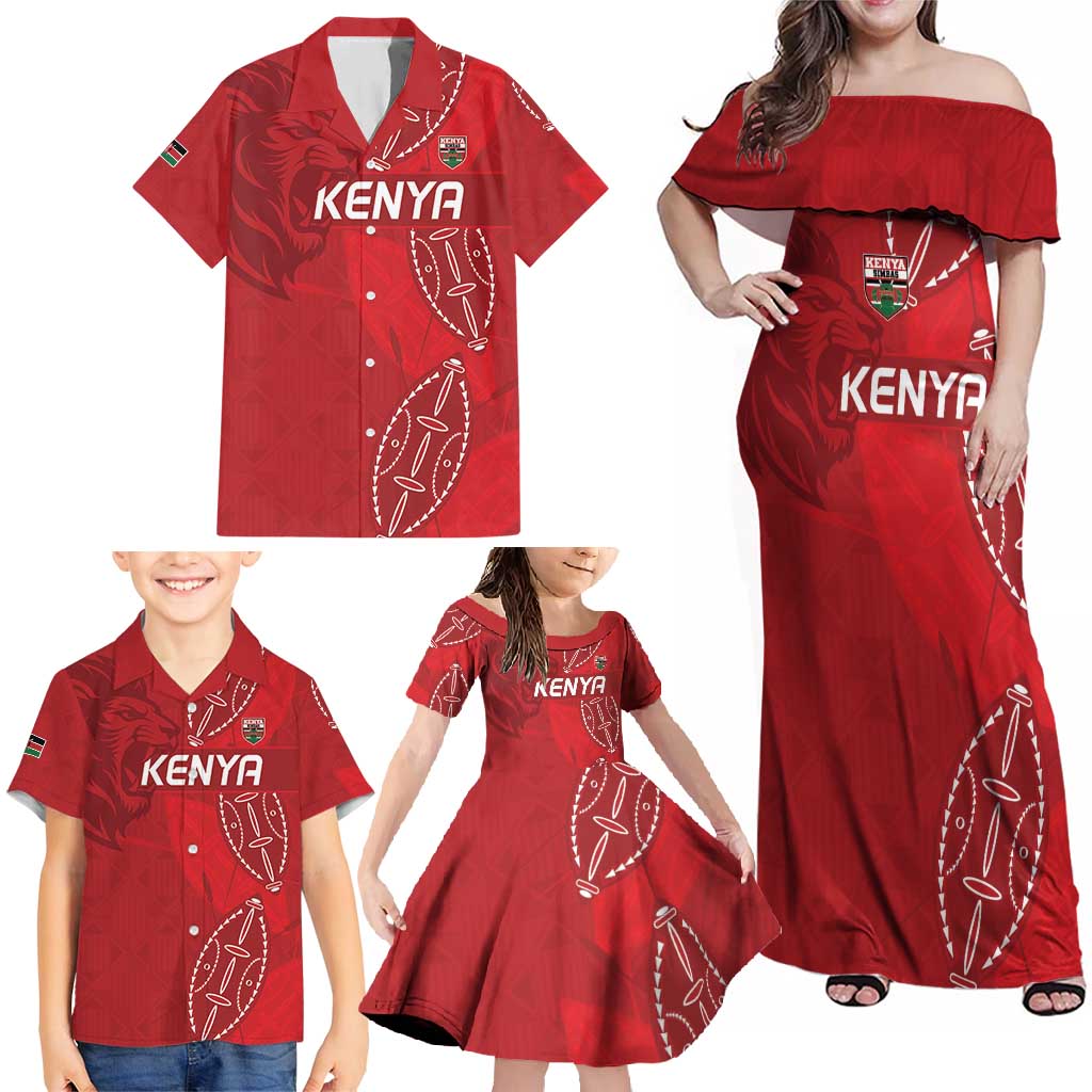 Kenya Rugby Custom Family Matching Off Shoulder Maxi Dress and Hawaiian Shirt Go Champions Simbas - Red Color