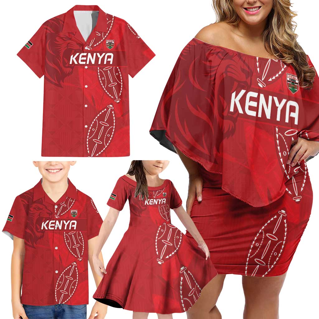Kenya Rugby Custom Family Matching Off Shoulder Short Dress and Hawaiian Shirt Go Champions Simbas - Red Color