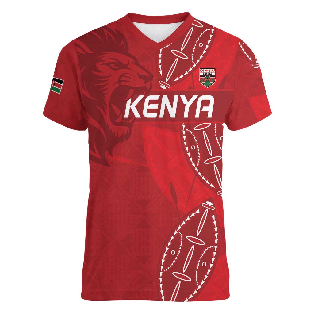 Kenya Rugby Custom Women V-Neck T-Shirt Go Champions Simbas - Red Color