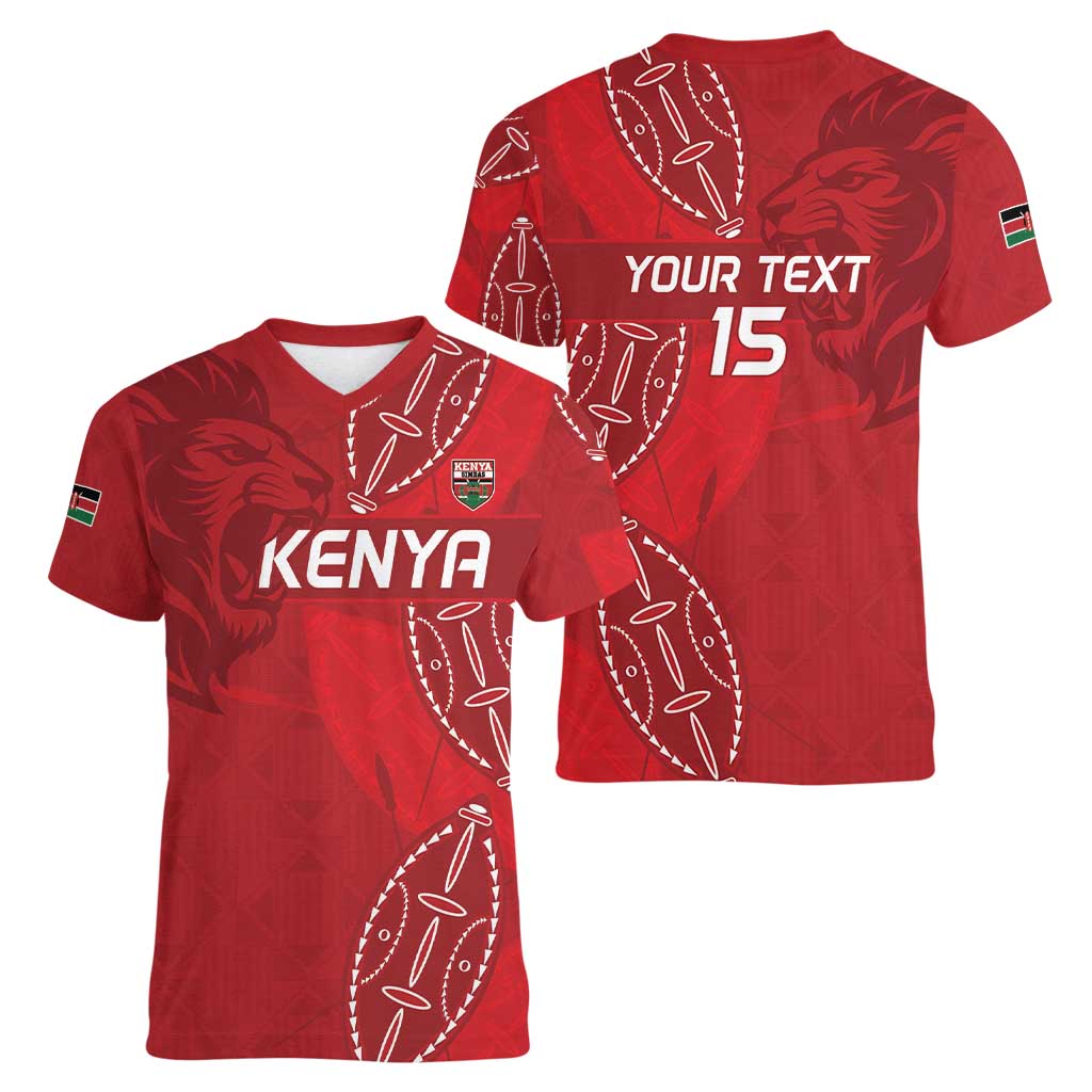 Kenya Rugby Custom Women V-Neck T-Shirt Go Champions Simbas - Red Color