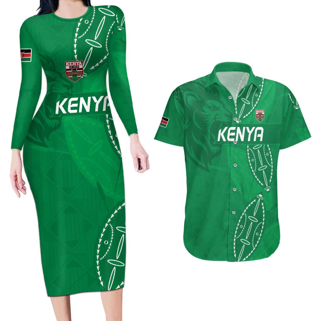Kenya Rugby Custom Couples Matching Long Sleeve Bodycon Dress and Hawaiian Shirt Go Champions Simbas - Green Color
