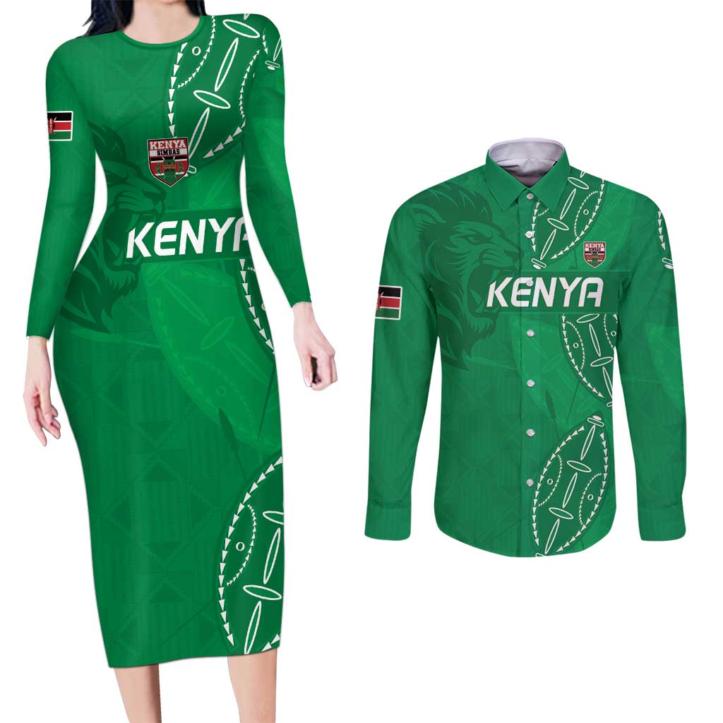 Kenya Rugby Custom Couples Matching Long Sleeve Bodycon Dress and Long Sleeve Button Shirt Go Champions Simbas - Green Color