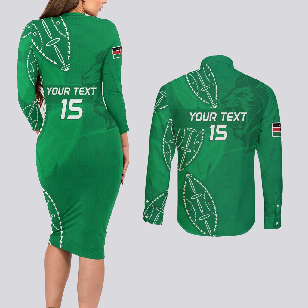 Kenya Rugby Custom Couples Matching Long Sleeve Bodycon Dress and Long Sleeve Button Shirt Go Champions Simbas - Green Color
