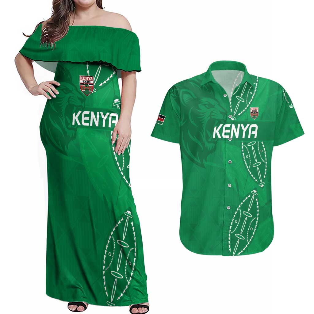 Kenya Rugby Custom Couples Matching Off Shoulder Maxi Dress and Hawaiian Shirt Go Champions Simbas - Green Color
