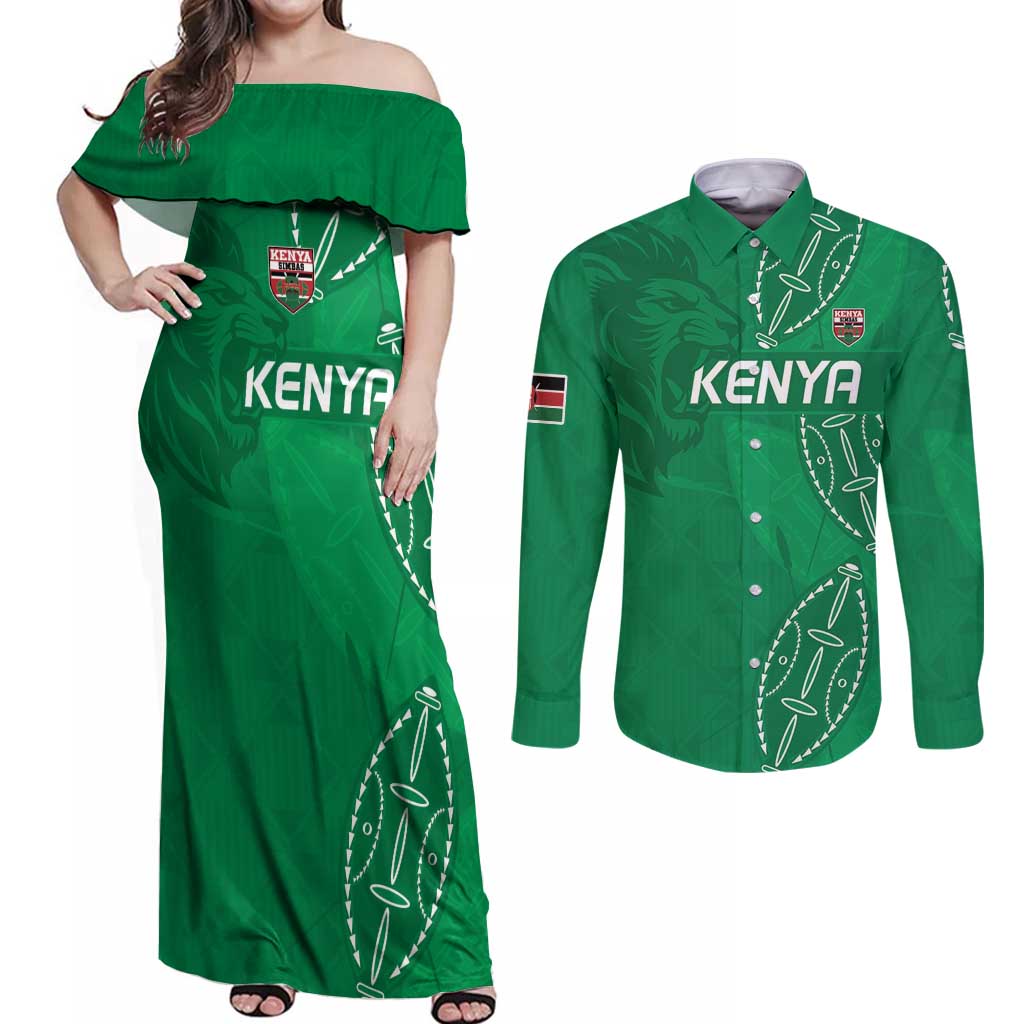Kenya Rugby Custom Couples Matching Off Shoulder Maxi Dress and Long Sleeve Button Shirt Go Champions Simbas - Green Color