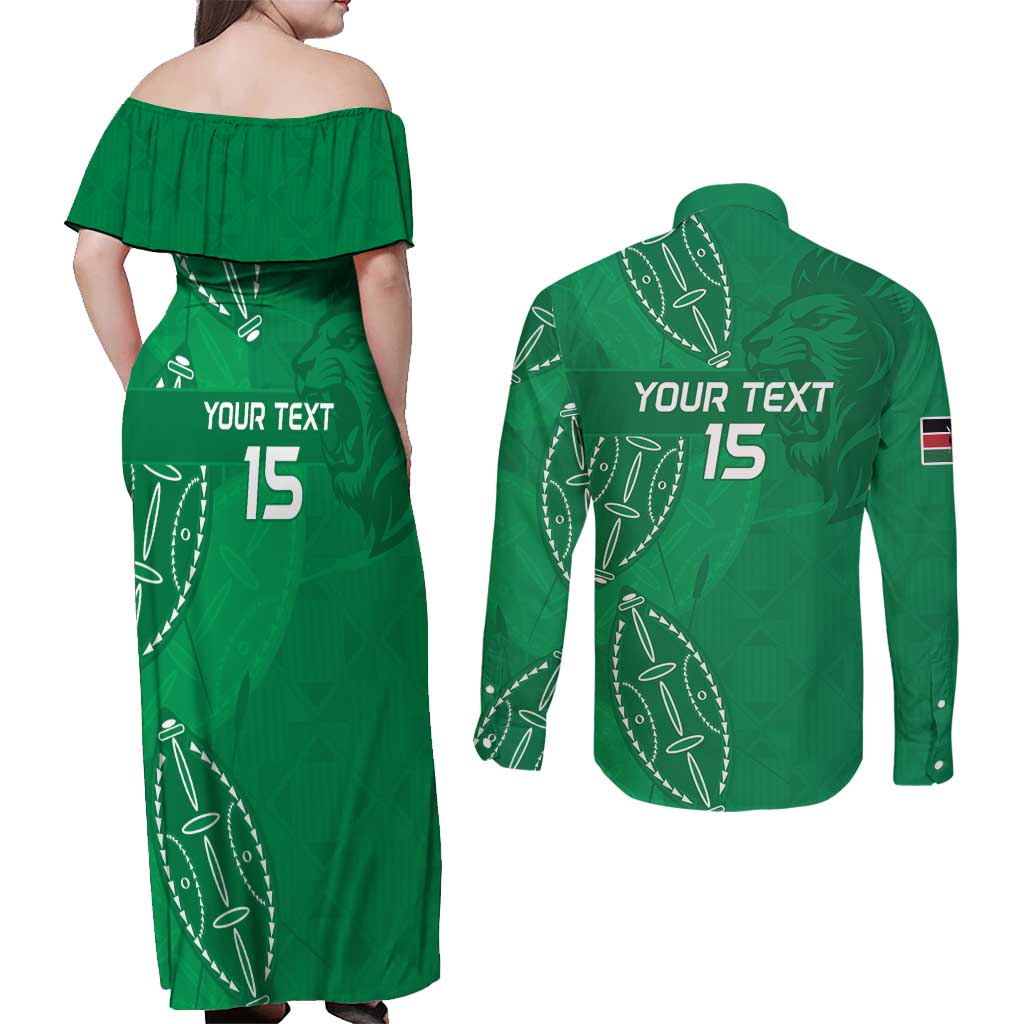 Kenya Rugby Custom Couples Matching Off Shoulder Maxi Dress and Long Sleeve Button Shirt Go Champions Simbas - Green Color