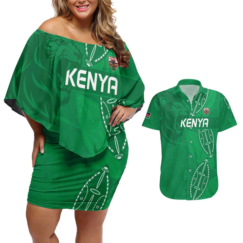 Kenya Rugby Custom Couples Matching Off Shoulder Short Dress and Hawaiian Shirt Go Champions Simbas - Green Color