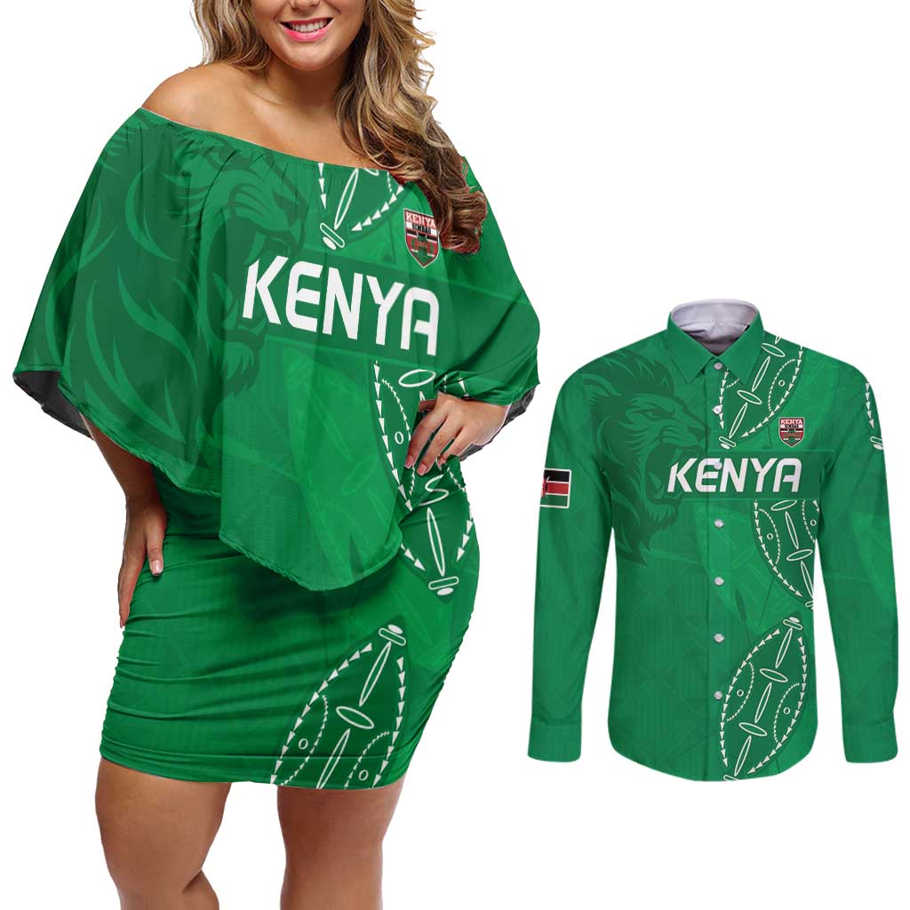 Kenya Rugby Custom Couples Matching Off Shoulder Short Dress and Long Sleeve Button Shirt Go Champions Simbas - Green Color
