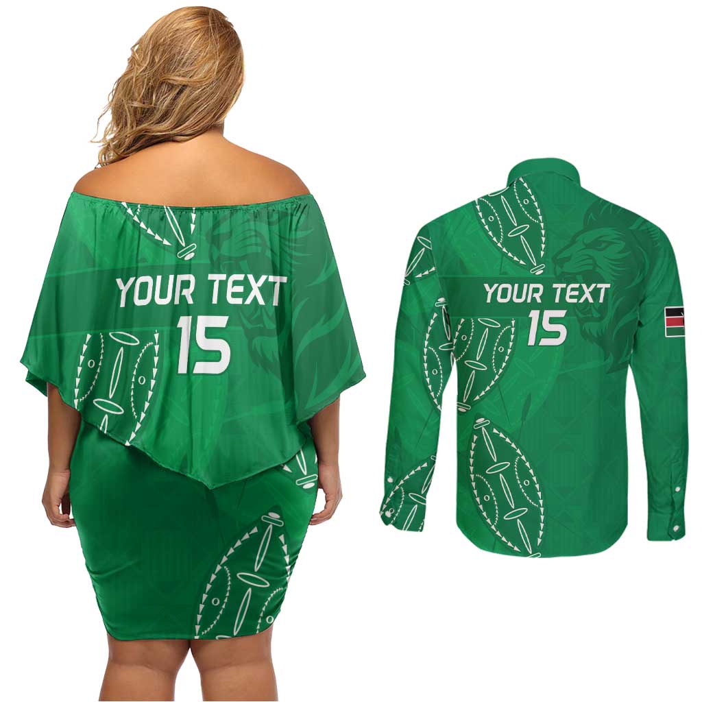 Kenya Rugby Custom Couples Matching Off Shoulder Short Dress and Long Sleeve Button Shirt Go Champions Simbas - Green Color