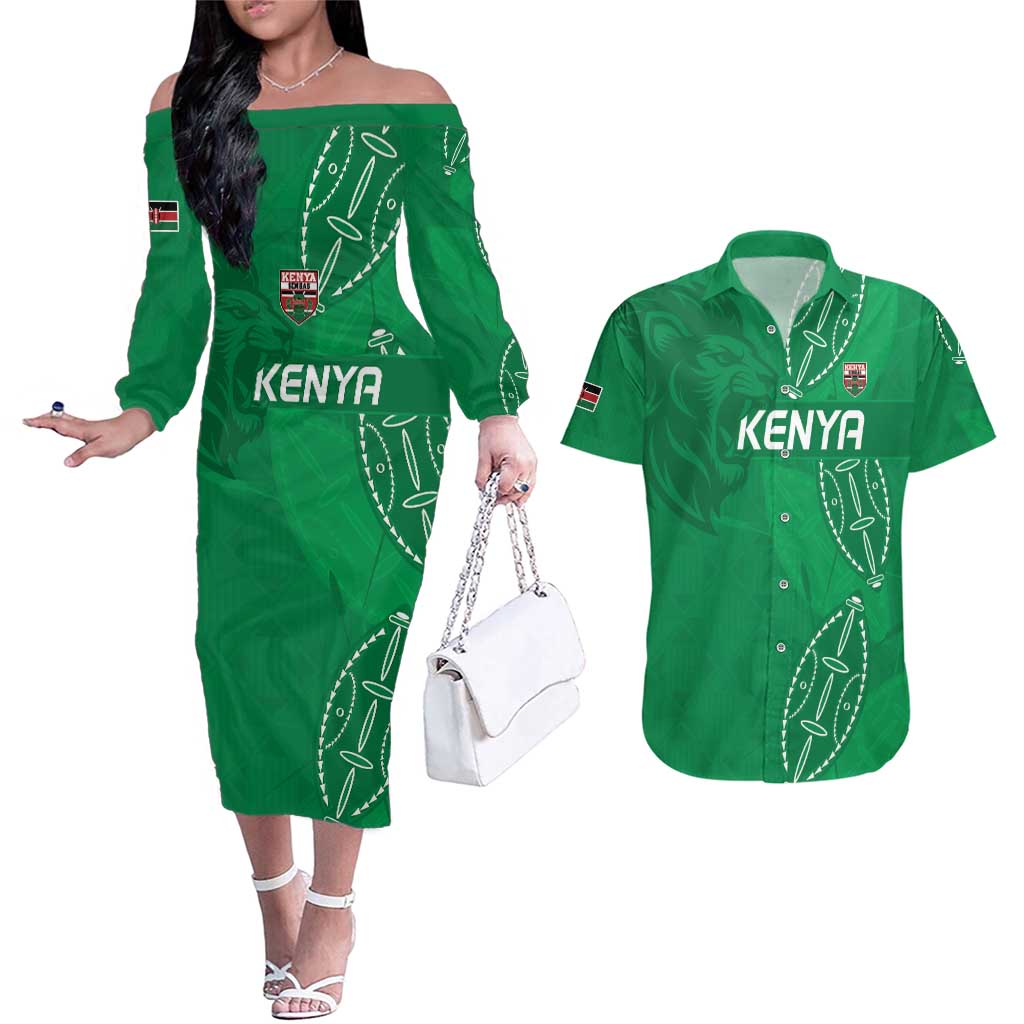 Kenya Rugby Custom Couples Matching Off The Shoulder Long Sleeve Dress and Hawaiian Shirt Go Champions Simbas - Green Color