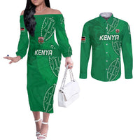 Kenya Rugby Custom Couples Matching Off The Shoulder Long Sleeve Dress and Long Sleeve Button Shirt Go Champions Simbas - Green Color