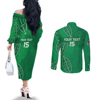 Kenya Rugby Custom Couples Matching Off The Shoulder Long Sleeve Dress and Long Sleeve Button Shirt Go Champions Simbas - Green Color