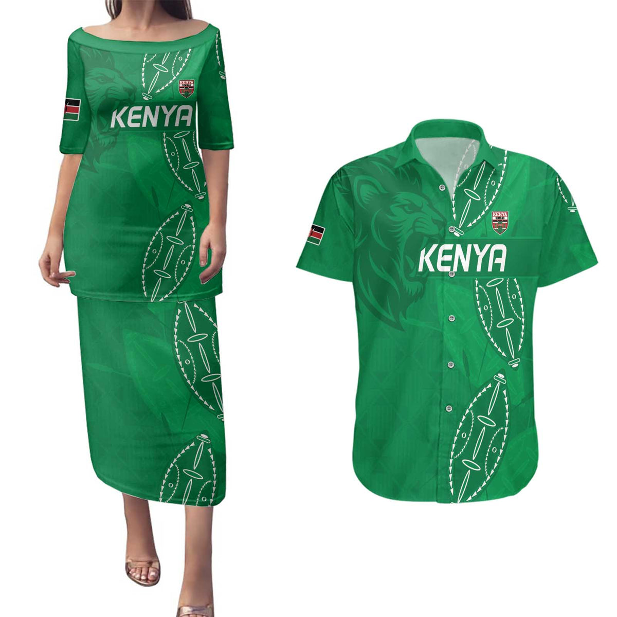 Kenya Rugby Custom Couples Matching Puletasi and Hawaiian Shirt Go Champions Simbas - Green Color