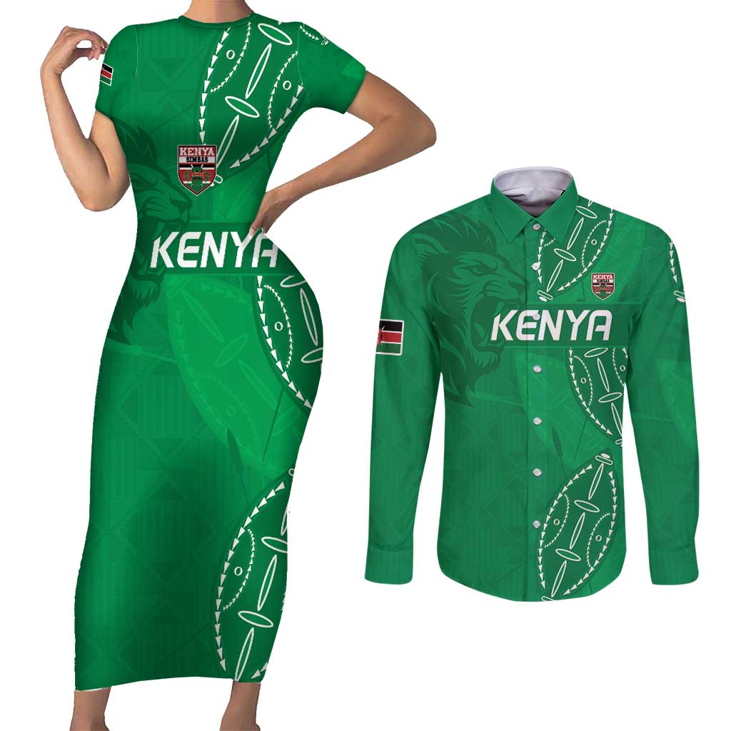 Kenya Rugby Custom Couples Matching Short Sleeve Bodycon Dress and Long Sleeve Button Shirt Go Champions Simbas - Green Color