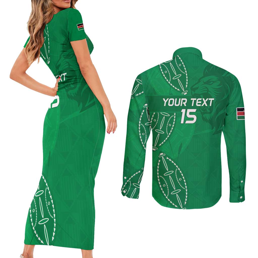 Kenya Rugby Custom Couples Matching Short Sleeve Bodycon Dress and Long Sleeve Button Shirt Go Champions Simbas - Green Color