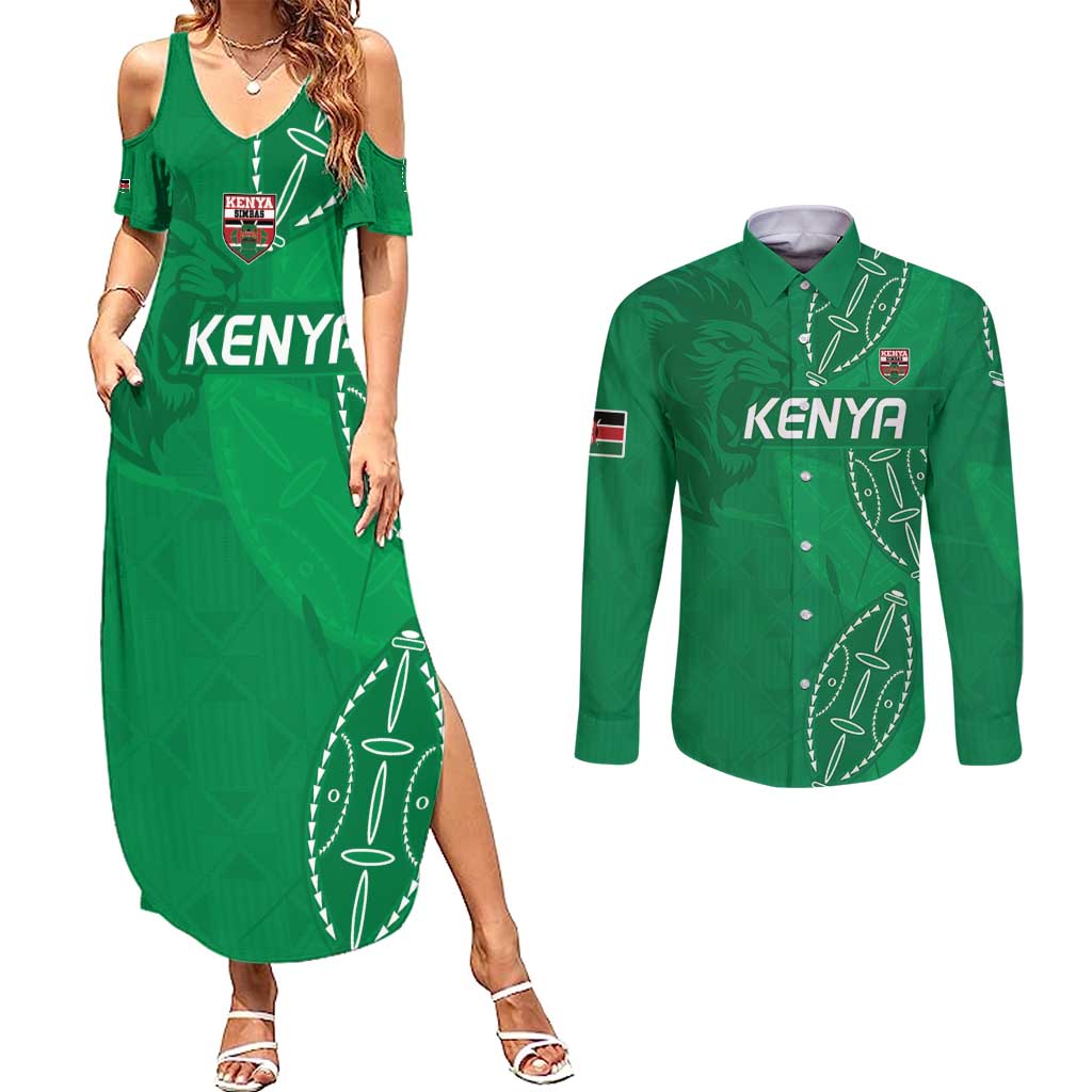 Kenya Rugby Custom Couples Matching Summer Maxi Dress and Long Sleeve Button Shirt Go Champions Simbas - Green Color