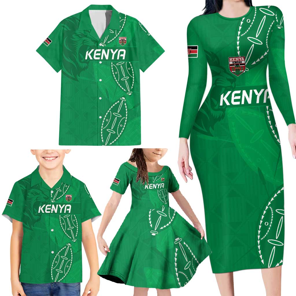 Kenya Rugby Custom Family Matching Long Sleeve Bodycon Dress and Hawaiian Shirt Go Champions Simbas - Green Color