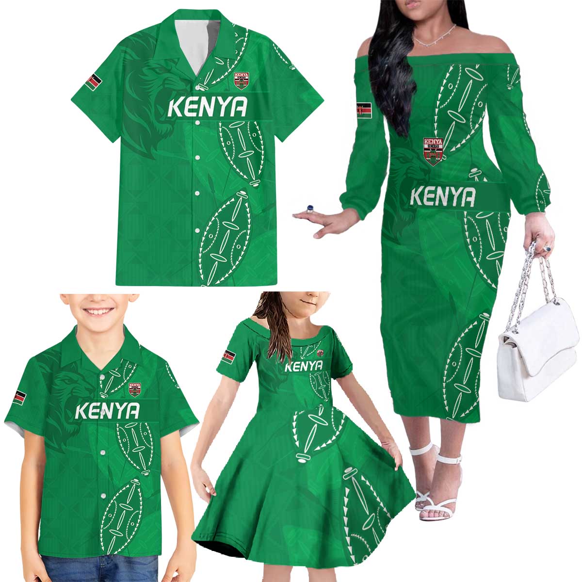Kenya Rugby Custom Family Matching Off The Shoulder Long Sleeve Dress and Hawaiian Shirt Go Champions Simbas - Green Color